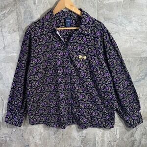 Basic Editions corduroy, purple floral button up shirt with dragonfly pin  XXL